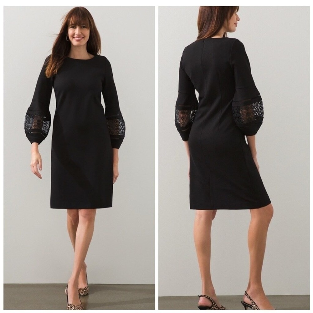 Chicos NWT Black Lace Ponte Balloon‎ Sleeve Sheath Dress  Size 4 Stretch Midi